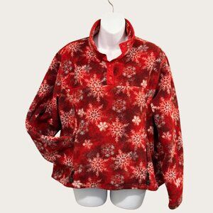 L.L. Bean Womens Red Snowflake Fleece Pullover Size Large Snap Collar